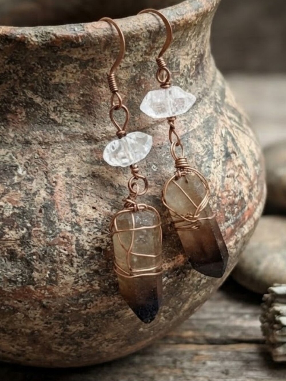 Statement Natural Herkimer Diamonds & Smoky Quartz Handcrafted Copper Earrings